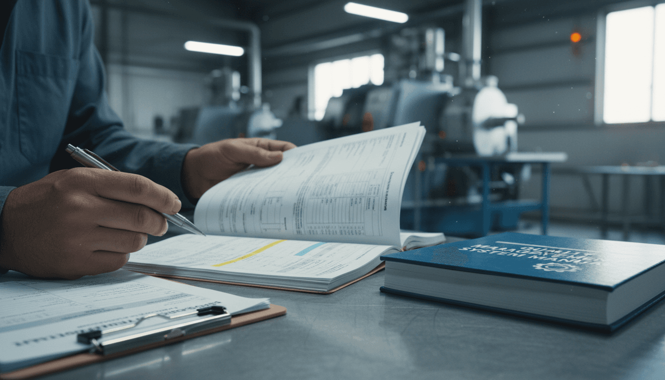 Manos revisando un manual de calidad sobre un escritorio con documentos normativos